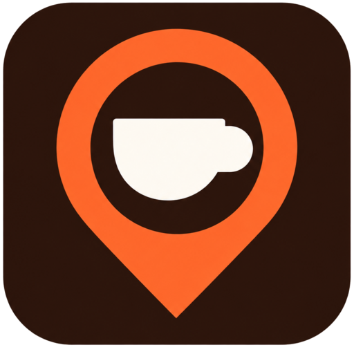 Cupr logo: an orange location pin surrounding a white coffee cup on an espresso-brown square